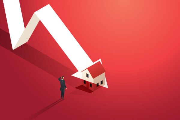 Businessman looks at a graph of the real estate market where the arrowhead is falling. recession Home prices fall in real estate and property market crash. isometric illustration vector.